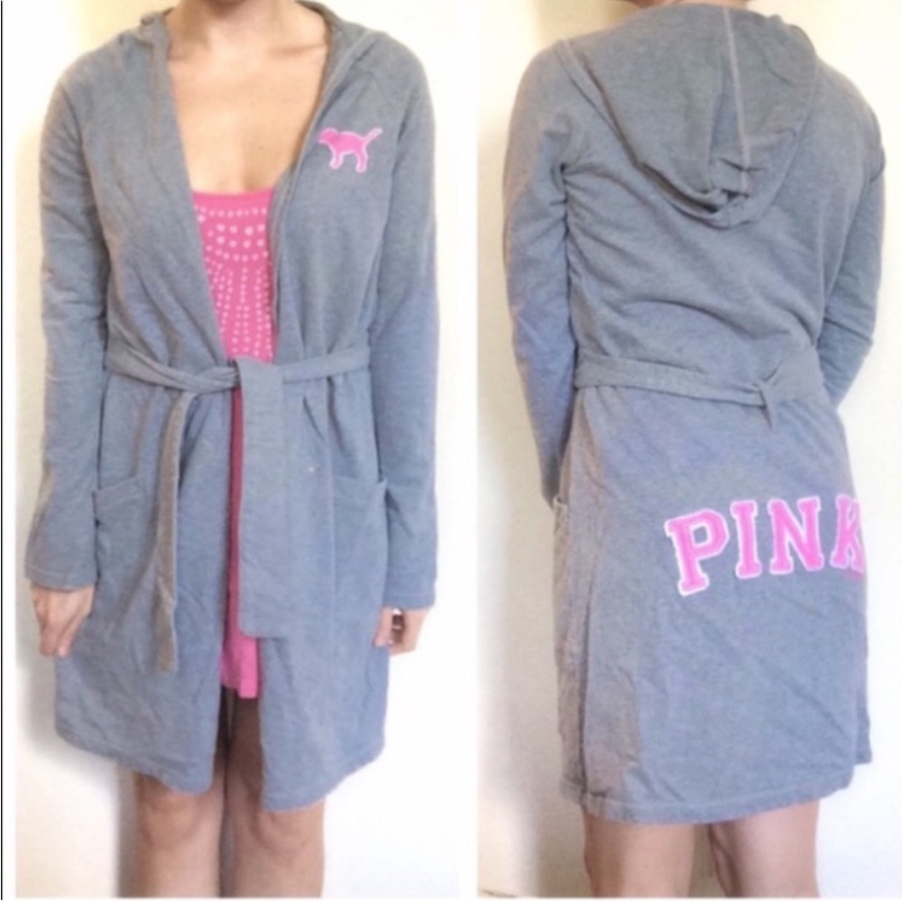 VINTAGE VICTORIAS SECRET PINK 100%COTTON GREY HOODED ROBE